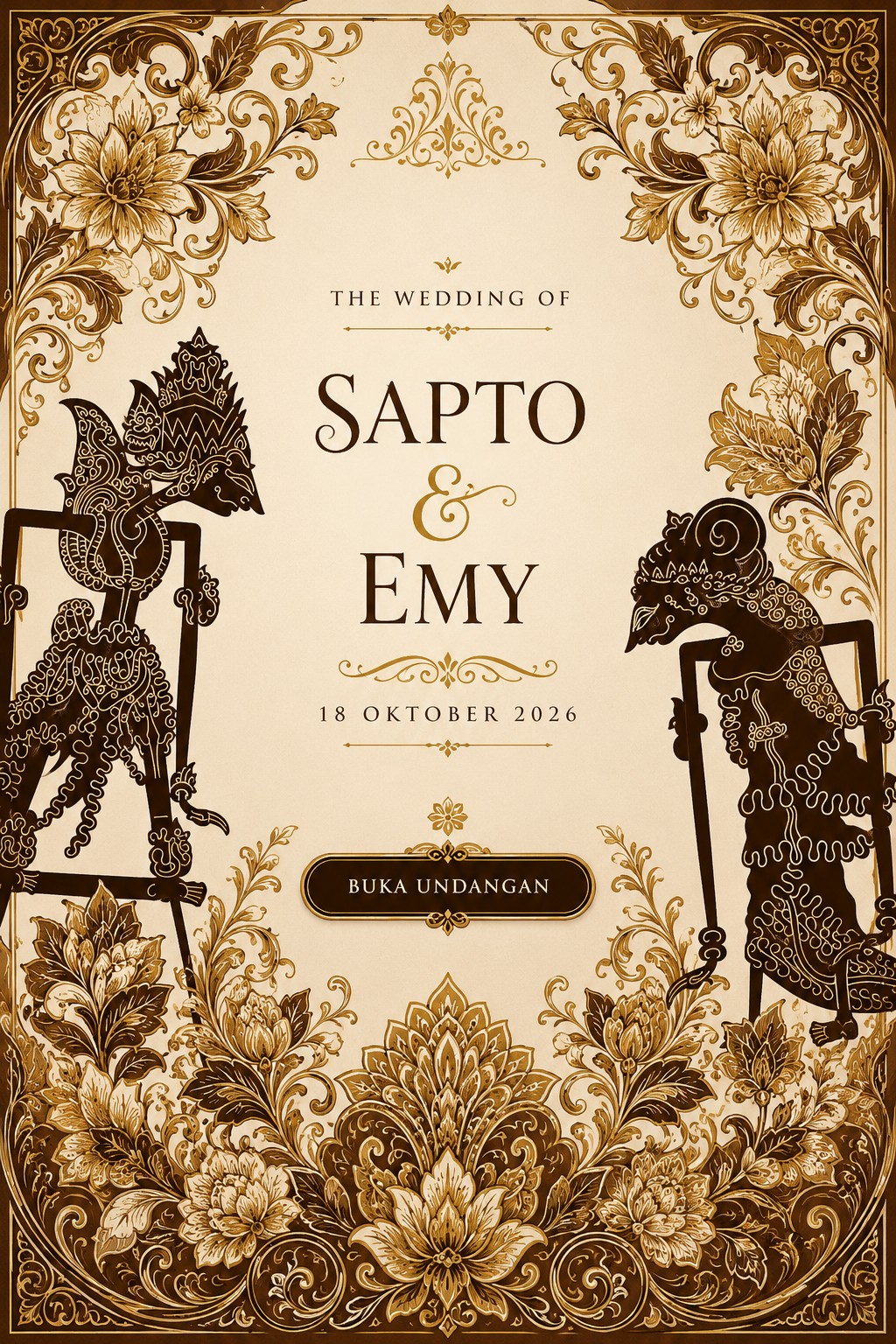 Sampul pernikahan Sapto dan Emy dengan wayang dan ornamen bunga Jawa